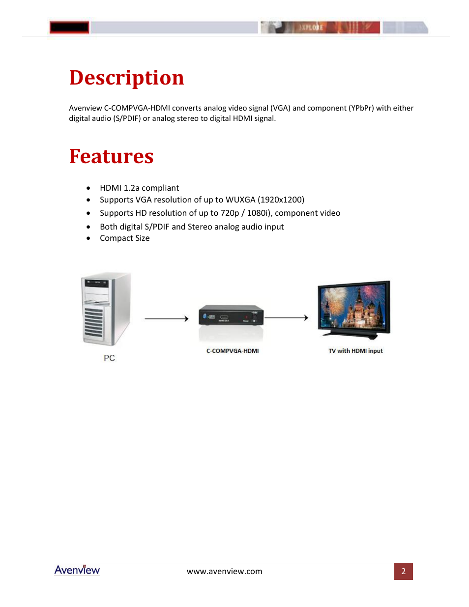 Description, Features | Avenview C-COMPVGA-HDMI User Manual | Page 2 / 4