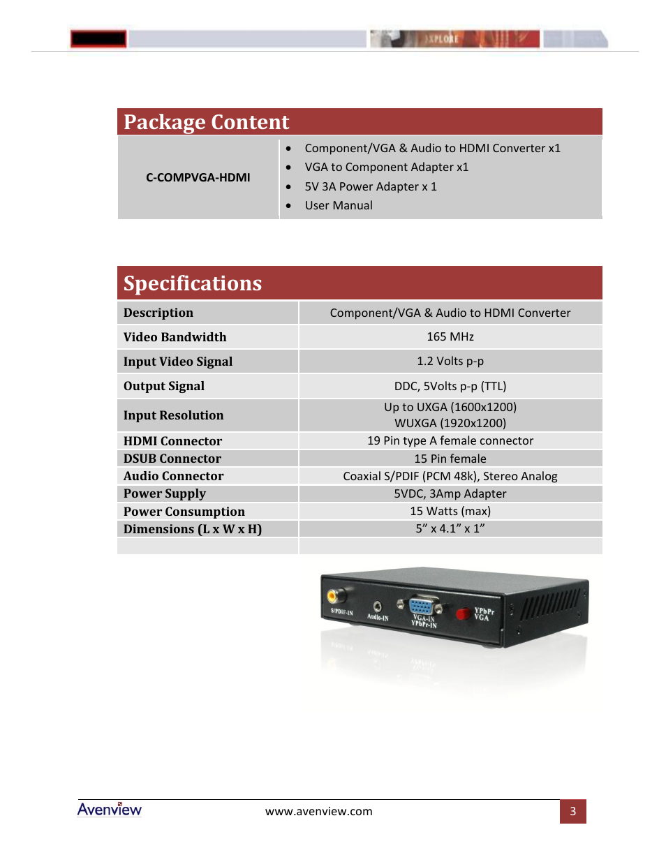 Package content, Specifications | Avenview C-COMPVGA-HDMI User Manual | Page 3 / 4