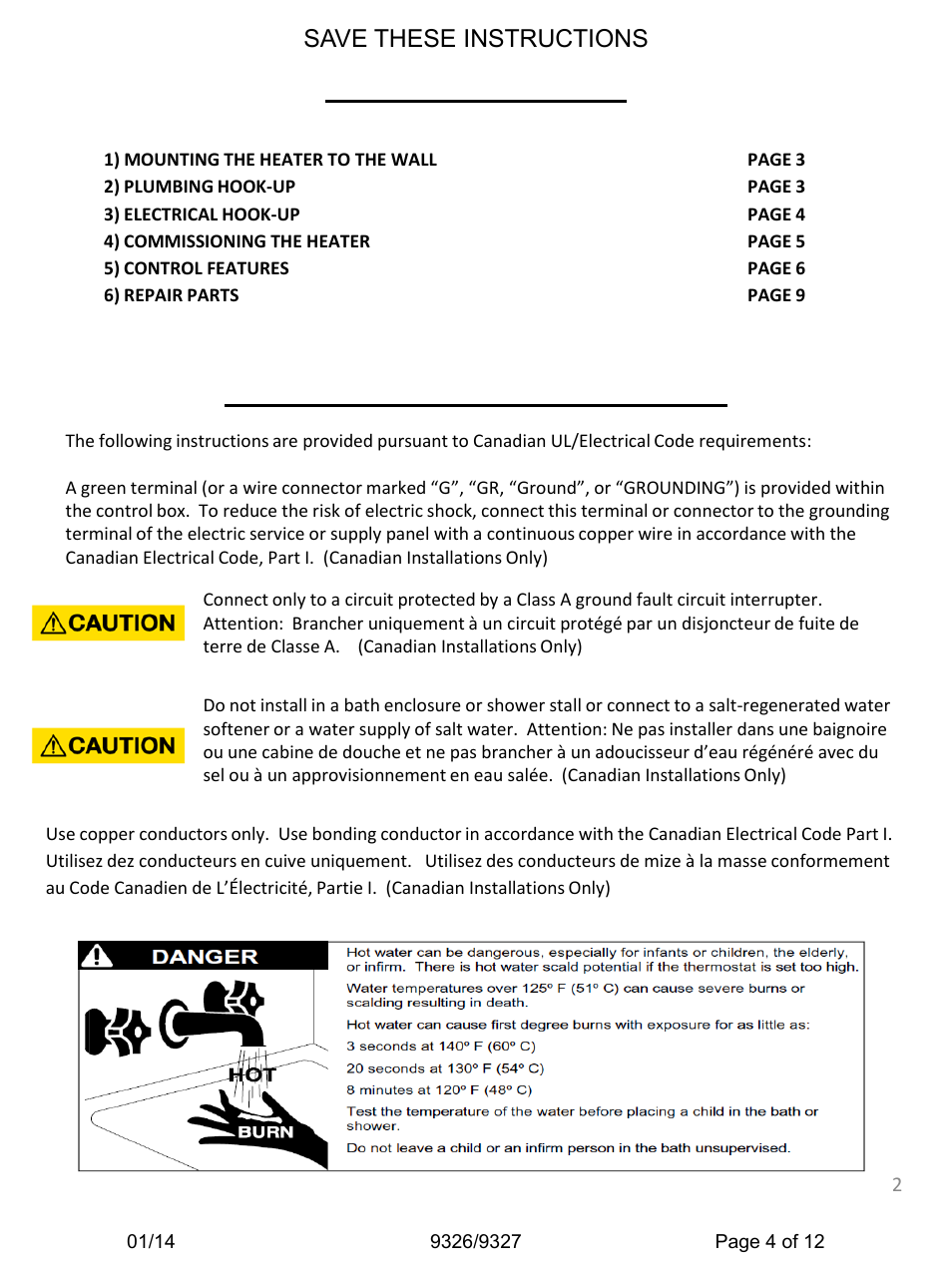 Table of contents important safety instructions, Save these instructions | Haws 9327 User Manual | Page 4 / 12