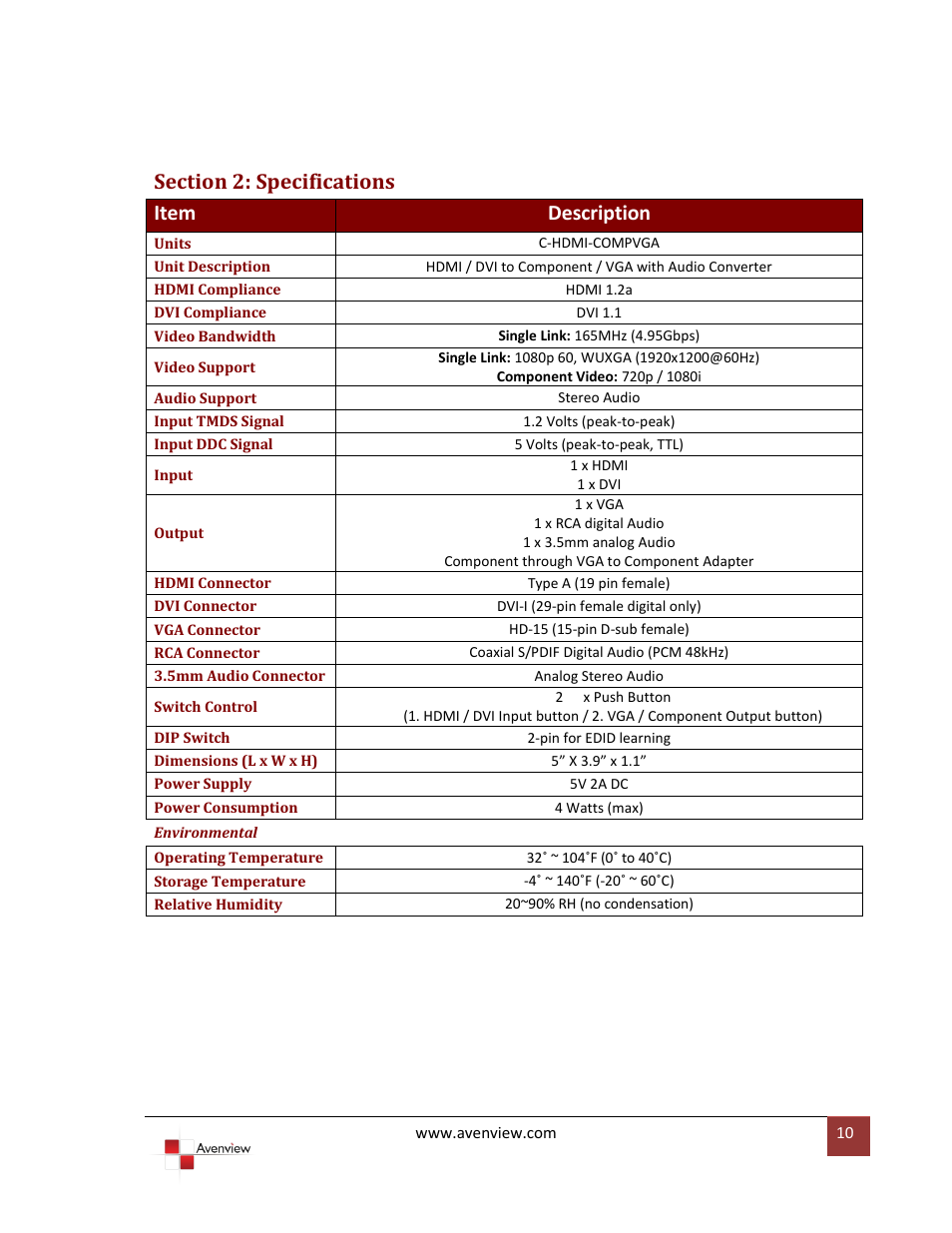 Section 2: specifications | Avenview C-HDMI-COMPVGA User Manual | Page 10 / 13