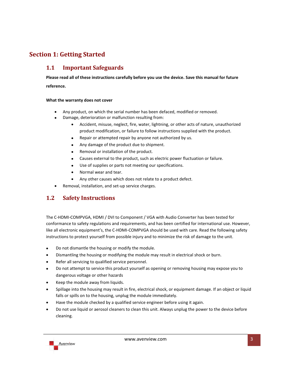 Section 1: getting started, Important safeguards, Safety instructions | 1 important safeguards, 2 safety instructions | Avenview C-HDMI-COMPVGA User Manual | Page 3 / 13