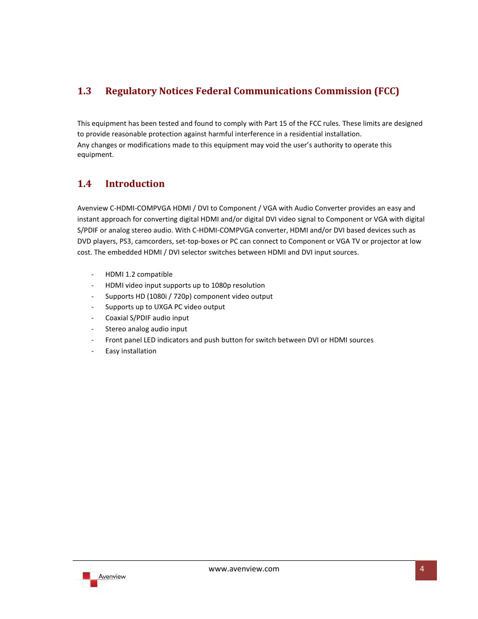 Introduction, 4 introduction | Avenview C-HDMI-COMPVGA User Manual | Page 4 / 13