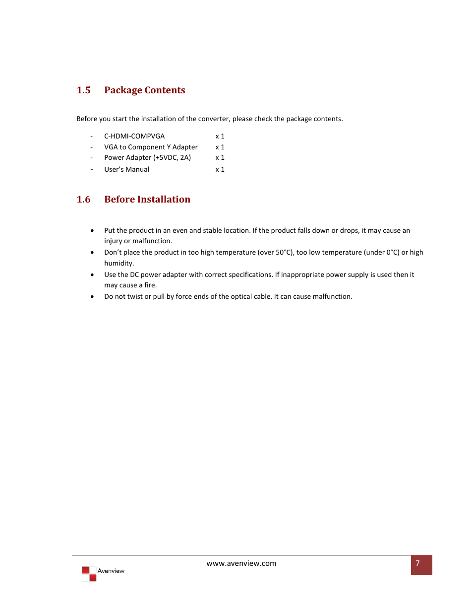 Package contents, Before installation, 5 package contents | 6 before installation | Avenview C-HDMI-COMPVGA User Manual | Page 7 / 13