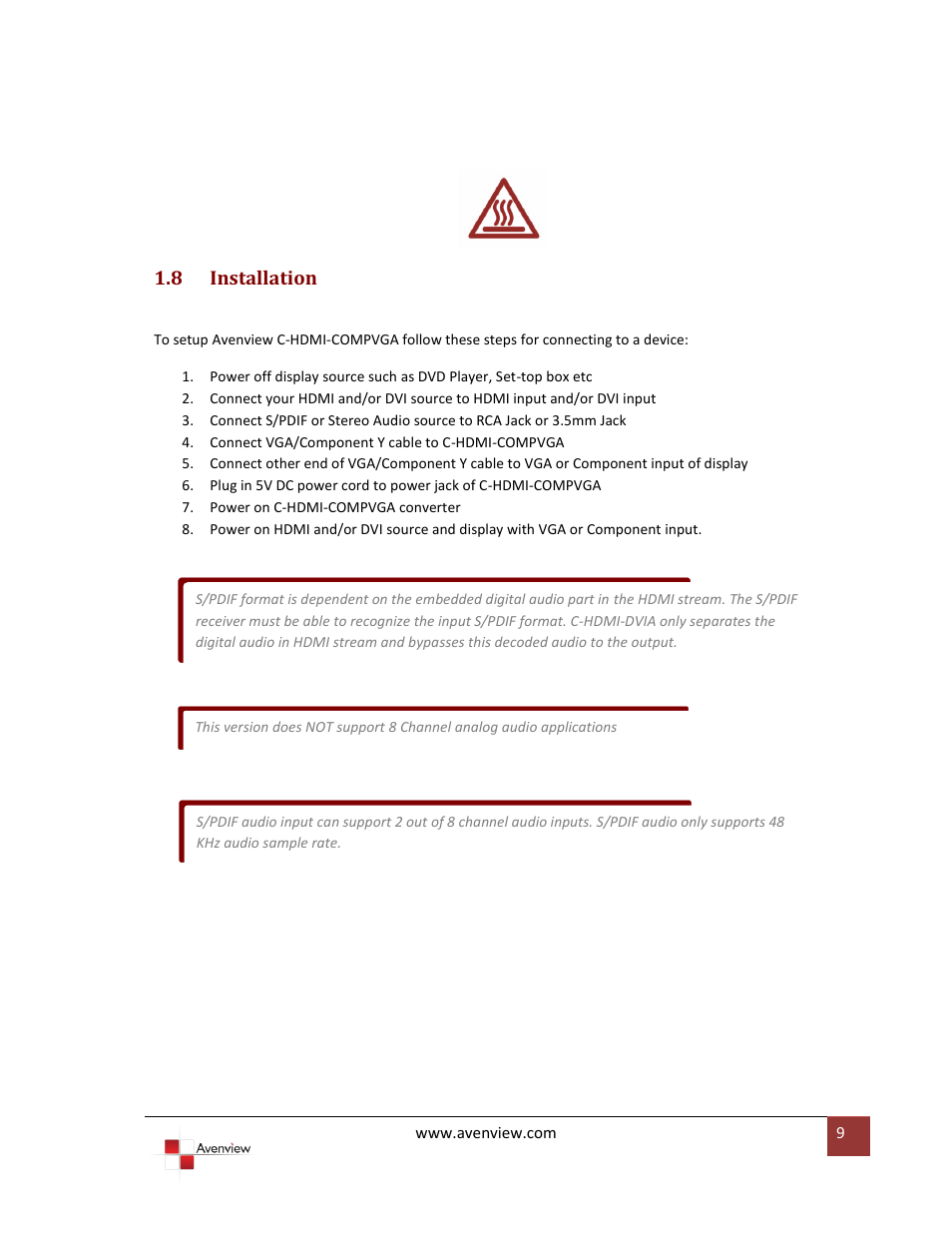 Installation, 8 installation | Avenview C-HDMI-COMPVGA User Manual | Page 9 / 13