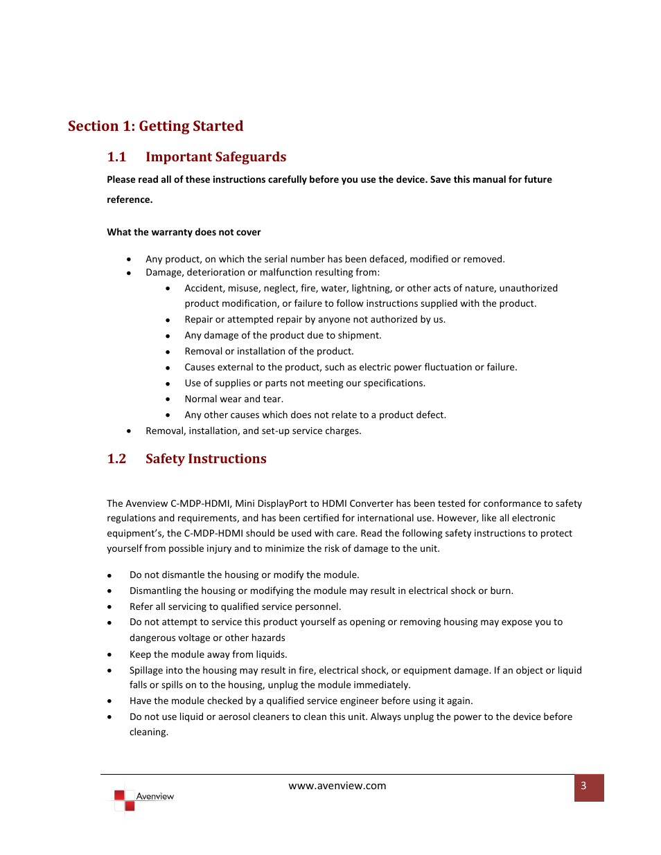 Section 1: getting started, Important safeguards, Safety instructions | 1 important safeguards, 2 safety instructions | Avenview C-MDP-HDMI User Manual | Page 3 / 7
