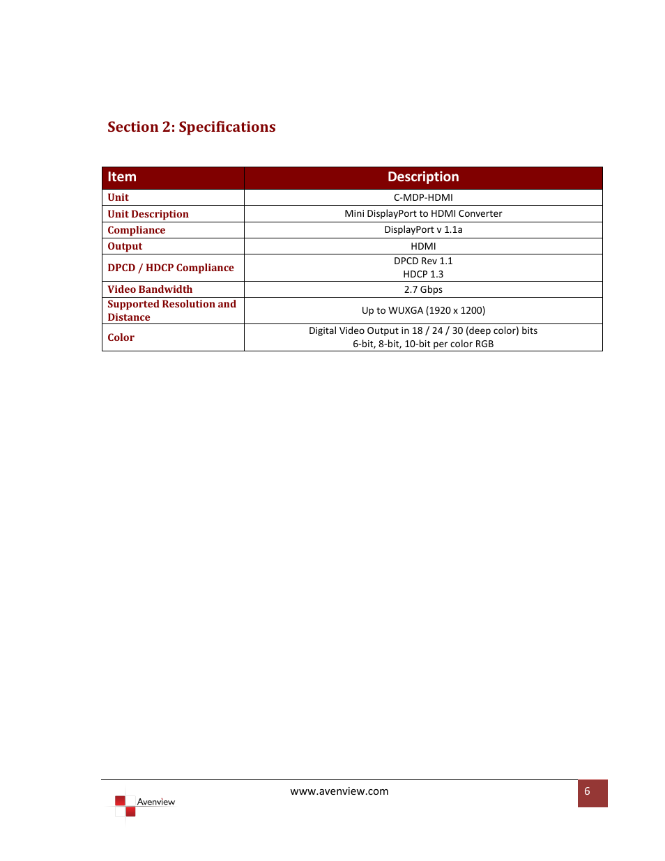 Section 2: specifications, Item description | Avenview C-MDP-HDMI User Manual | Page 6 / 7