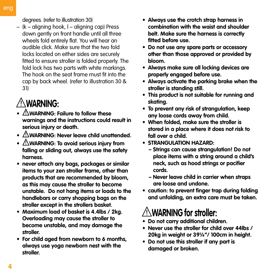 Warning, For stroller | bloom zen User Manual | Page 16 / 33