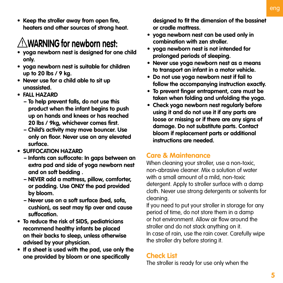 Warning, For newborn nest | bloom zen User Manual | Page 17 / 33