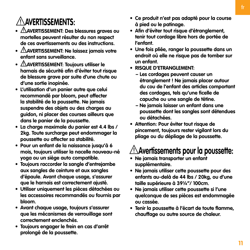 Avertissements, Avertissements pour la poussette | bloom zen User Manual | Page 23 / 33