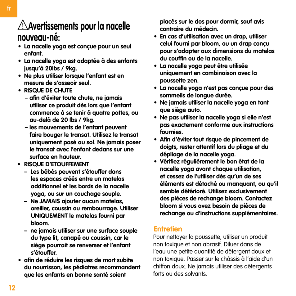 Avertissements pour la nacelle nouveau-né | bloom zen User Manual | Page 24 / 33