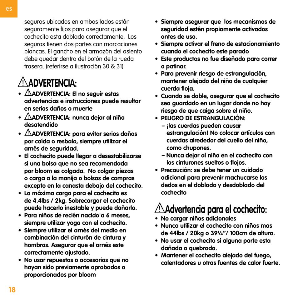 Advertencia para el cochecito, Advertencia | bloom zen User Manual | Page 30 / 33