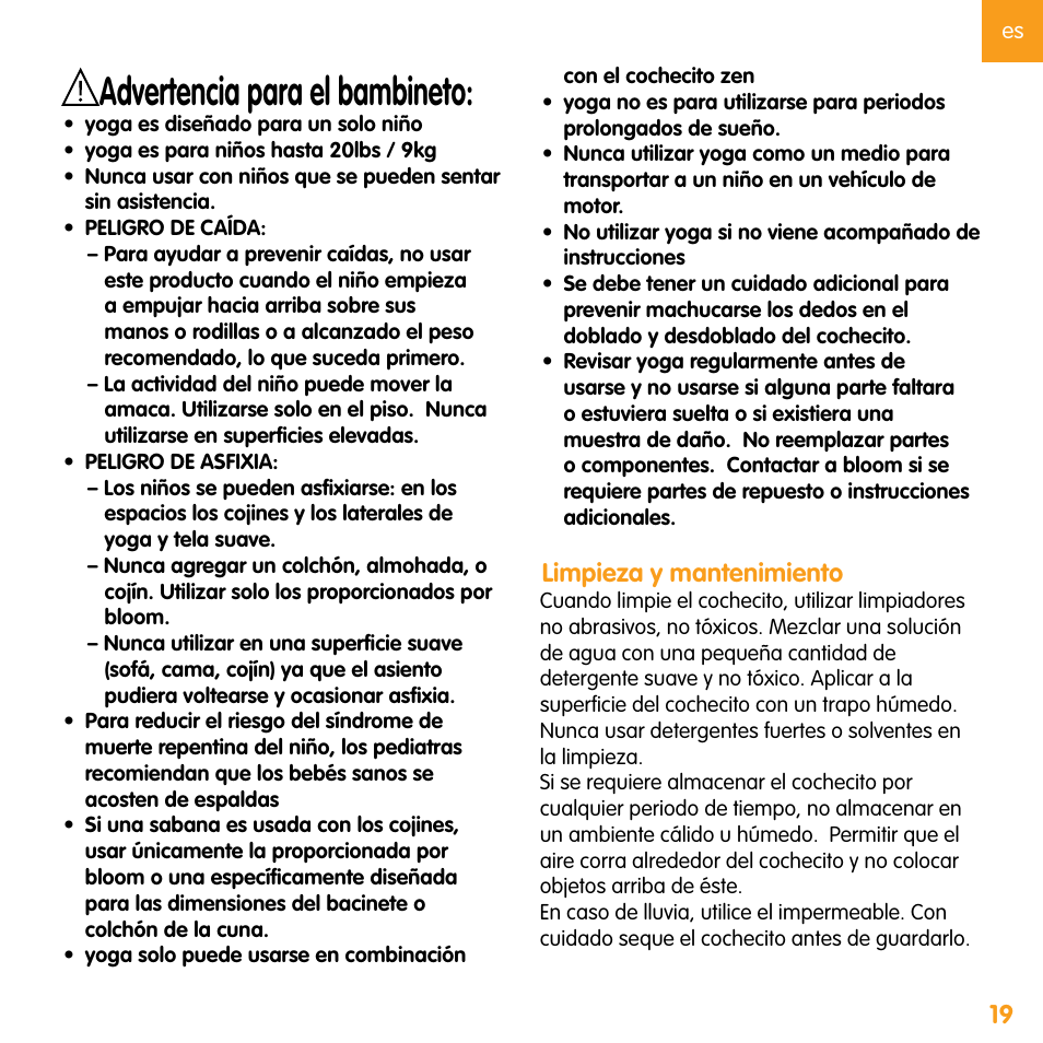 Advertencia para el bambineto, Limpieza y mantenimiento | bloom zen User Manual | Page 31 / 33