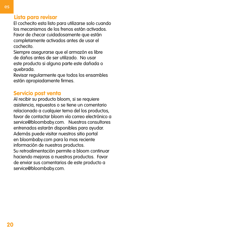 20 lista para revisar, Servicio post venta | bloom zen User Manual | Page 32 / 33