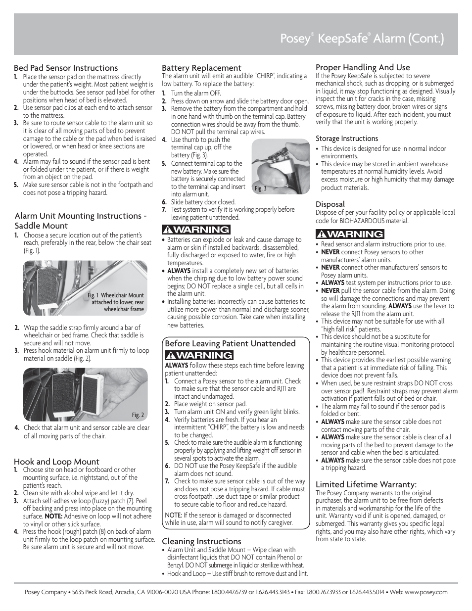 Posey, Keepsafe, Alarm (cont.) | Posey KeepSafe® Fall Monitor User Manual | Page 2 / 2