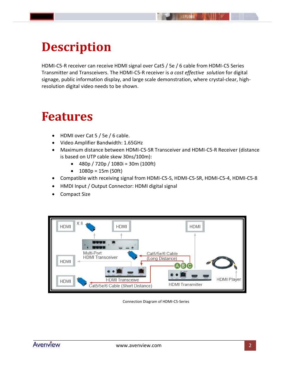 Description, Features | Avenview HDMI-C5-R User Manual | Page 2 / 4
