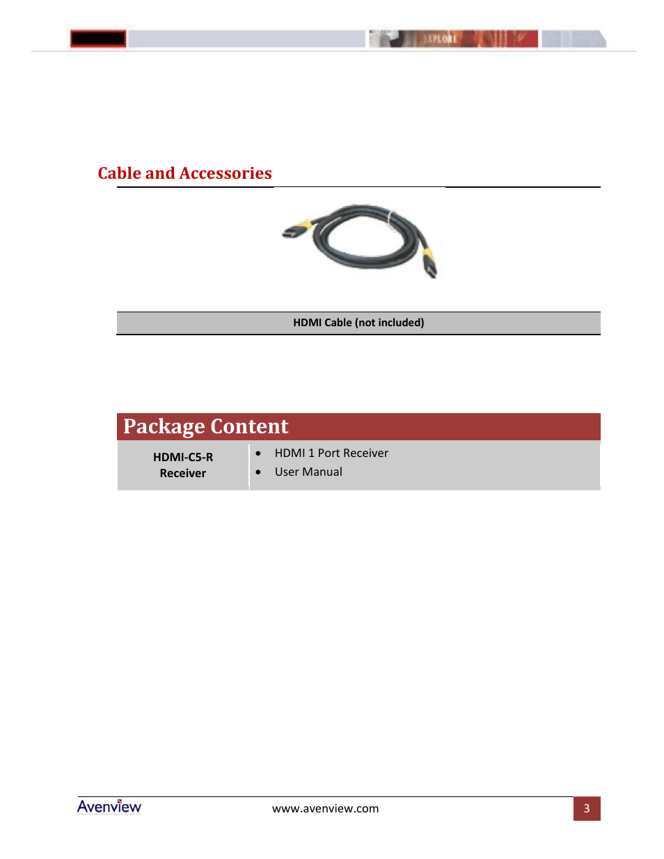 Package content, Cable and accessories | Avenview HDMI-C5-R User Manual | Page 3 / 4