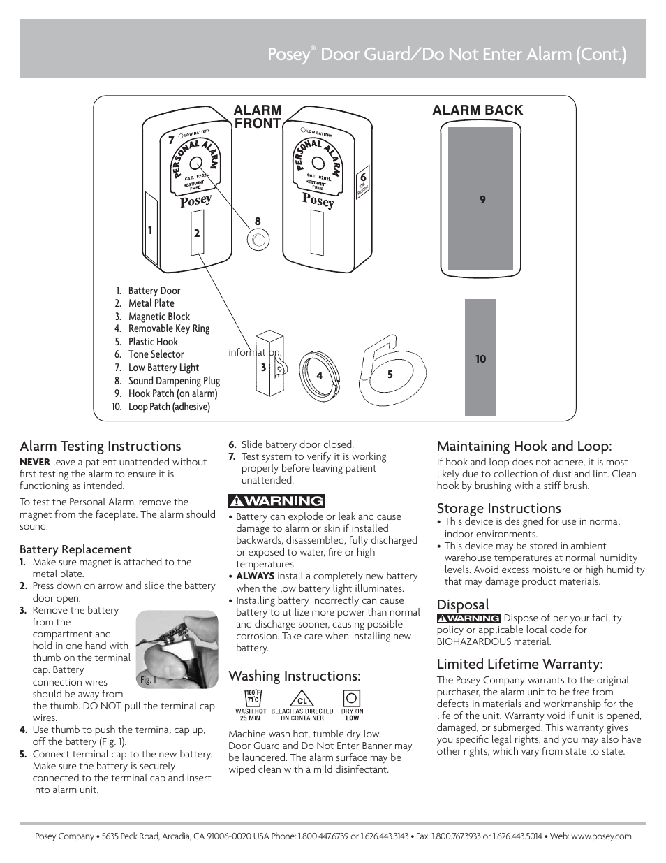 Posey, Door guard/do not enter alarm (cont.), Washing instructions | Alarm testing instructions, Maintaining hook and loop, Storage instructions, Disposal, Limited lifetime warranty | Posey Door Guard/Do Not Enter Alarm User Manual | Page 2 / 2