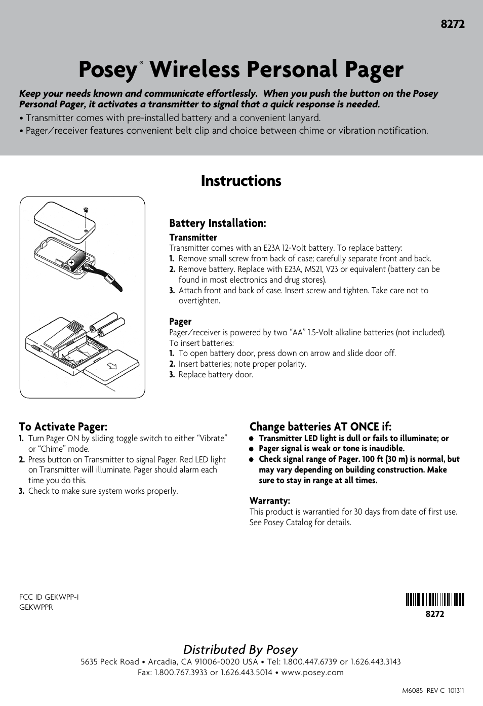 Posey, Wireless personal pager, Instructions | Distributed by posey, Battery installation, Change batteries at once if | Posey Wireless Personal Pager User Manual | Page 2 / 2