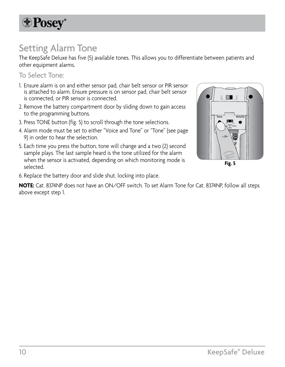 Setting alarm tone, 10 keepsafe, Deluxe | Fig. 5 | Posey KeepSafe® Deluxe User Manual | Page 10 / 36