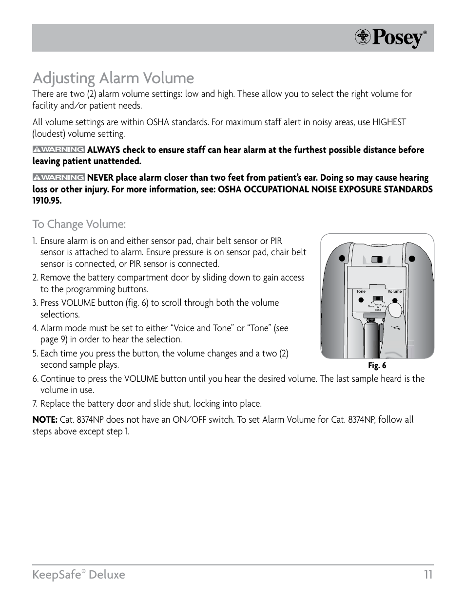 Adjusting alarm volume, Keepsafe, Deluxe 11 | Posey KeepSafe® Deluxe User Manual | Page 11 / 36