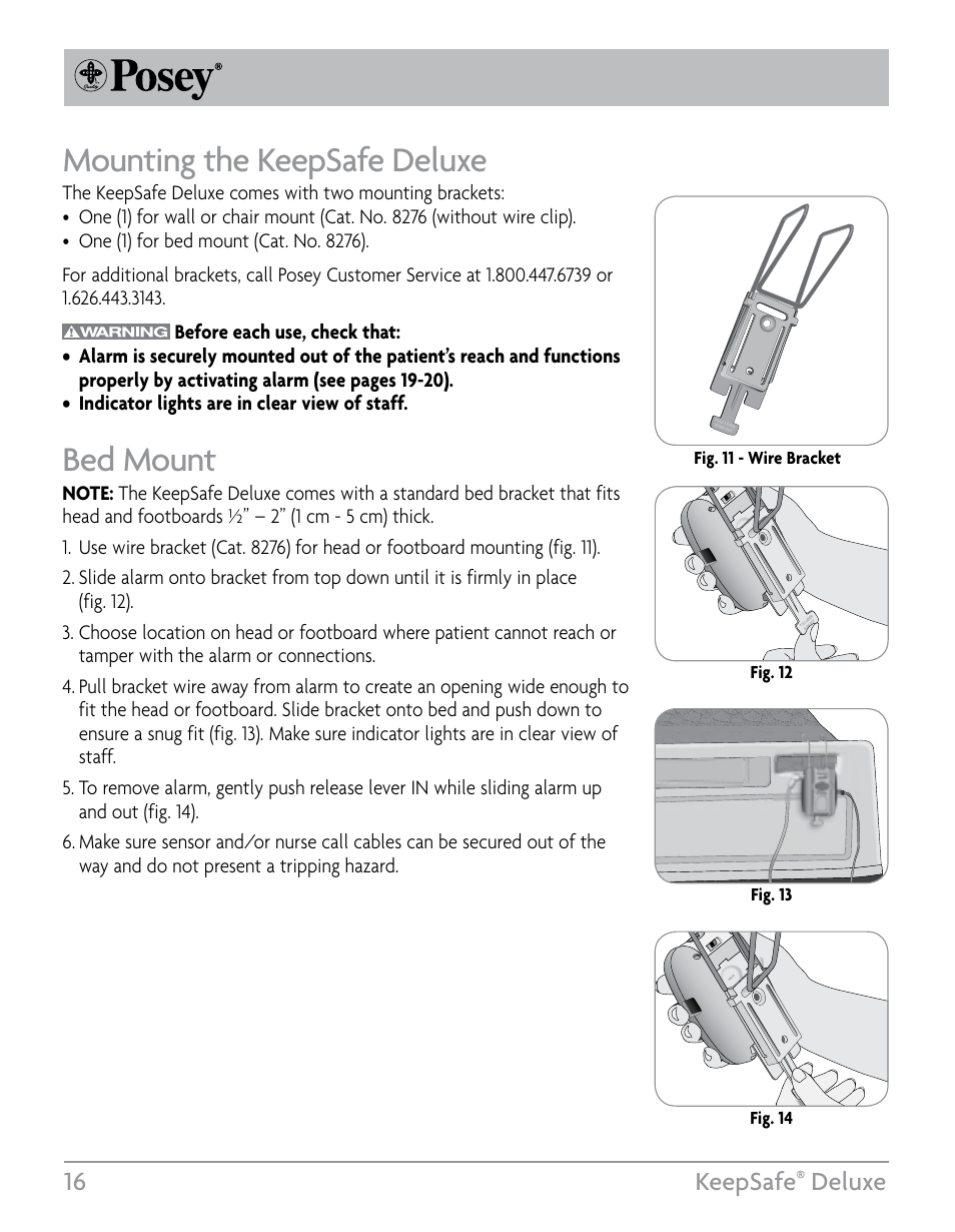 Mounting the keepsafe deluxe, Bed mount, 16 keepsafe | Deluxe | Posey KeepSafe® Deluxe User Manual | Page 16 / 36