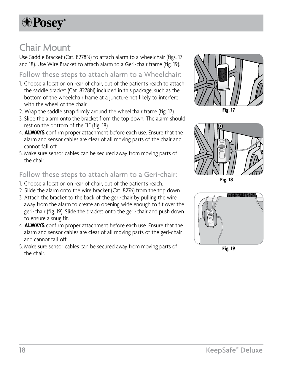 Chair mount, 18 keepsafe, Deluxe | Follow these steps to attach alarm to a wheelchair, Follow these steps to attach alarm to a geri-chair | Posey KeepSafe® Deluxe User Manual | Page 18 / 36