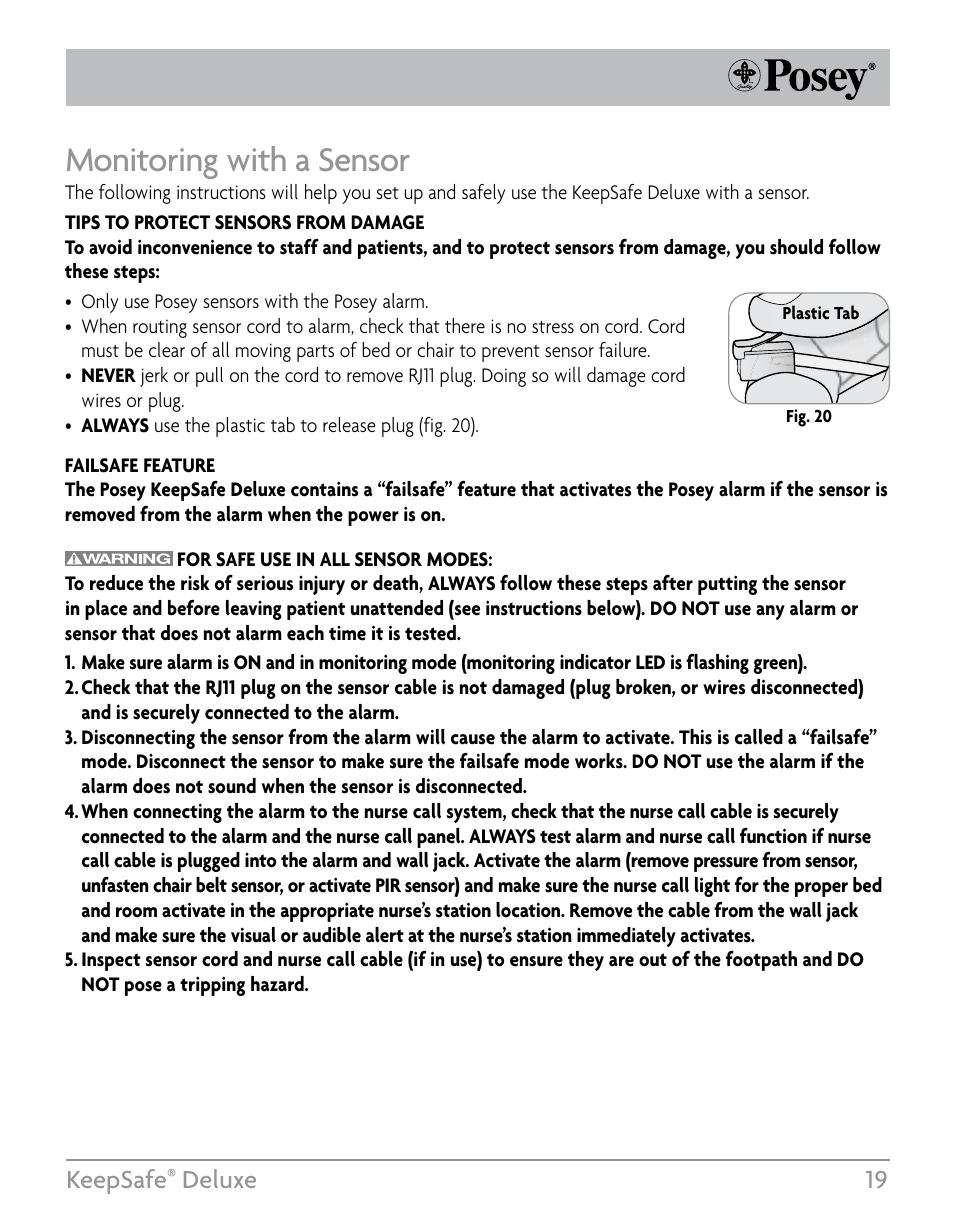 Monitoring with a sensor, Keepsafe, Deluxe 19 | Posey KeepSafe® Deluxe User Manual | Page 19 / 36