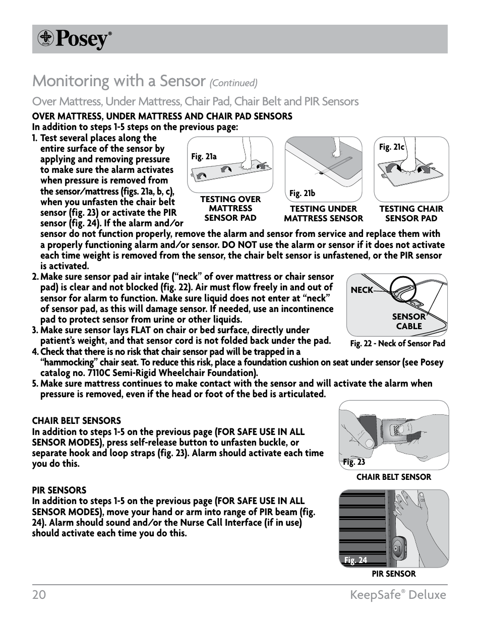 Monitoring with a sensor, 20 keepsafe, Deluxe | Posey KeepSafe® Deluxe User Manual | Page 20 / 36