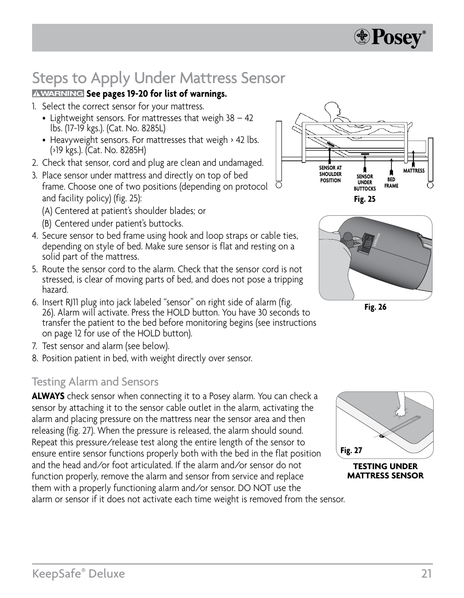 Steps to apply under mattress sensor, Keepsafe, Deluxe 21 | Testing alarm and sensors | Posey KeepSafe® Deluxe User Manual | Page 21 / 36