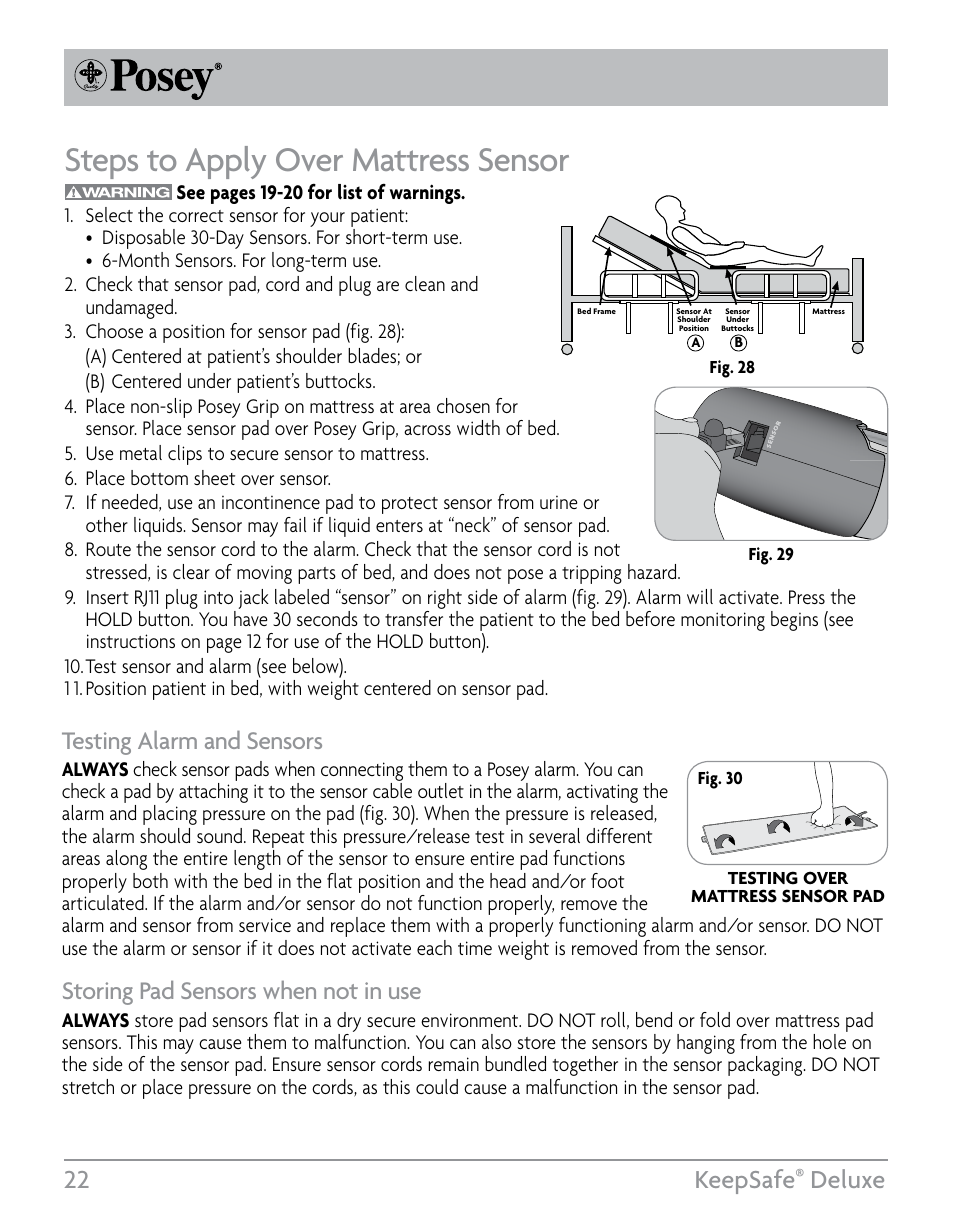 Steps to apply over mattress sensor, 22 keepsafe, Deluxe | Testing alarm and sensors, Storing pad sensors when not in use | Posey KeepSafe® Deluxe User Manual | Page 22 / 36