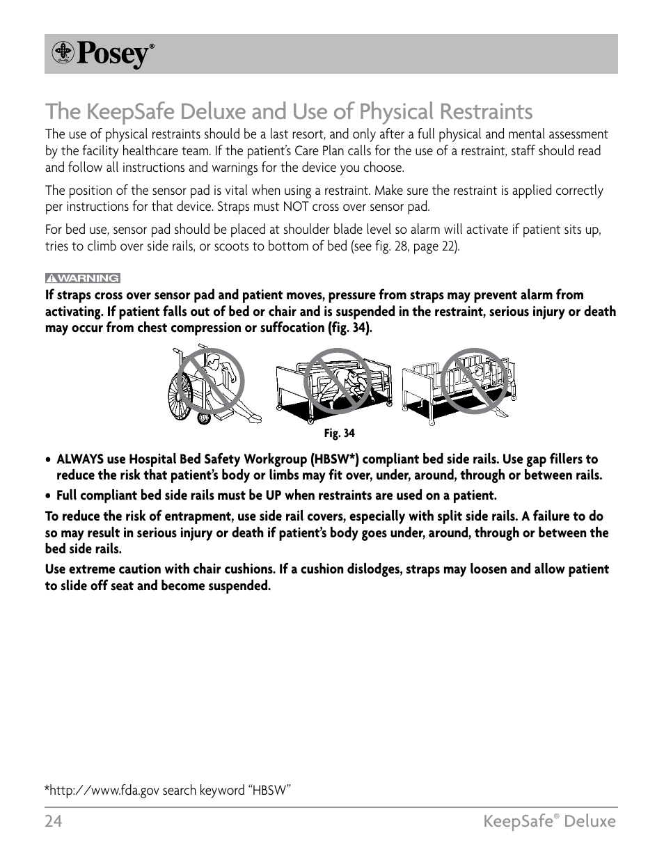 The keepsafe deluxe and use of physical restraints, 24 keepsafe, Deluxe | Posey KeepSafe® Deluxe User Manual | Page 24 / 36