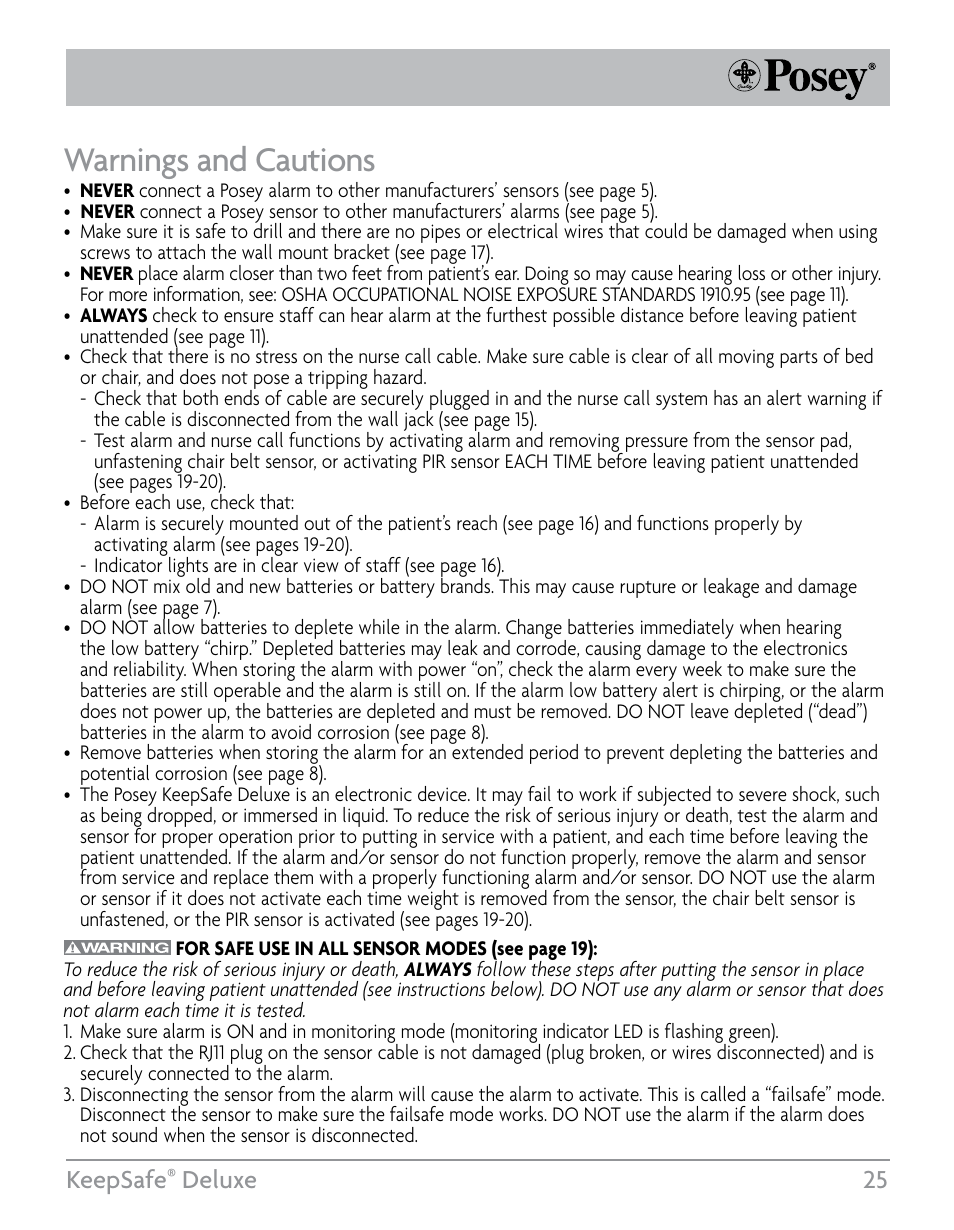 Warnings and cautions, Keepsafe, Deluxe 25 | Posey KeepSafe® Deluxe User Manual | Page 25 / 36