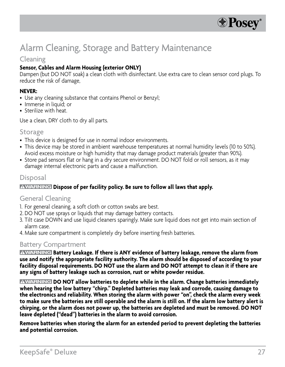 Alarm cleaning, storage and battery maintenance, Keepsafe, Deluxe 27 | Posey KeepSafe® Deluxe User Manual | Page 27 / 36