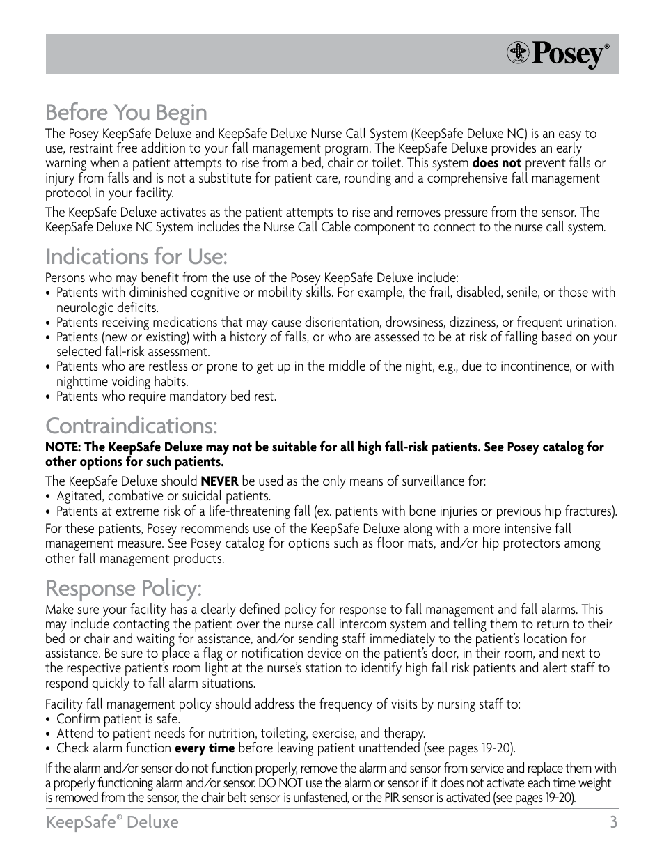 Before you begin, Indications for use, Contraindications | Response policy, Keepsafe, Deluxe 3 | Posey KeepSafe® Deluxe User Manual | Page 3 / 36