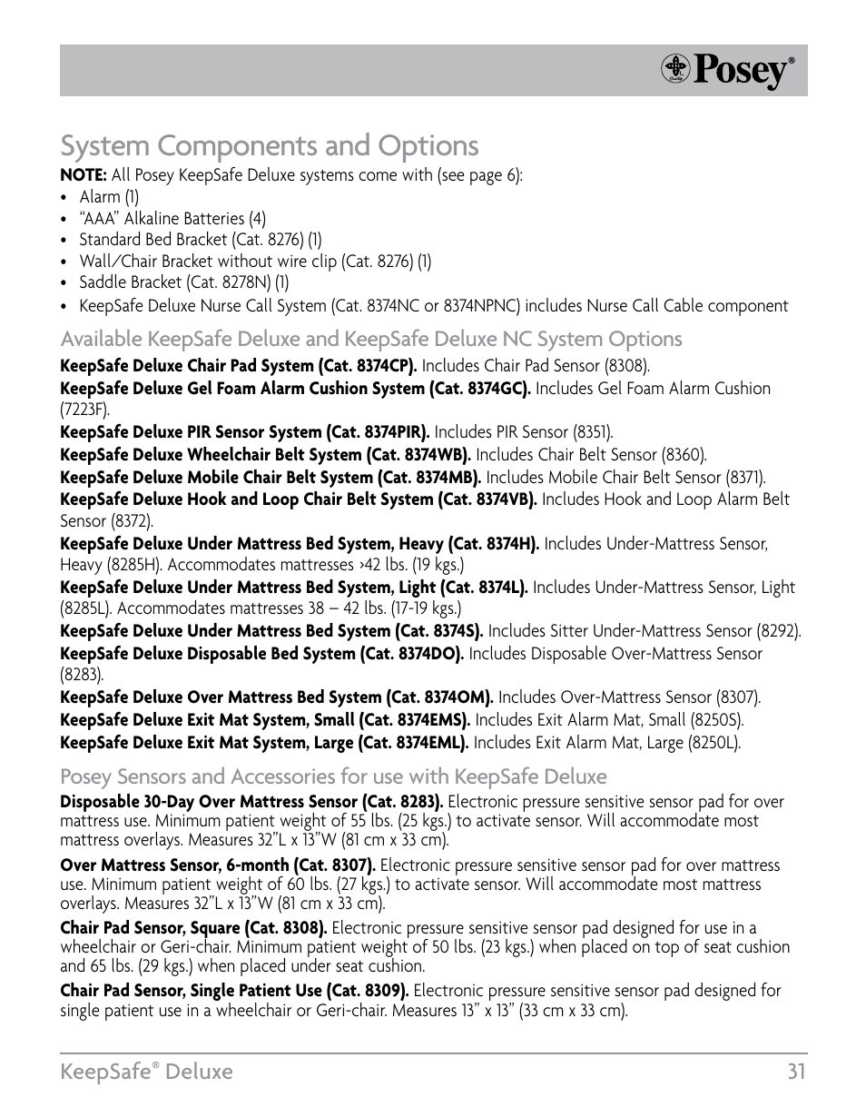 System components and options, Keepsafe, Deluxe 31 | Posey KeepSafe® Deluxe User Manual | Page 31 / 36