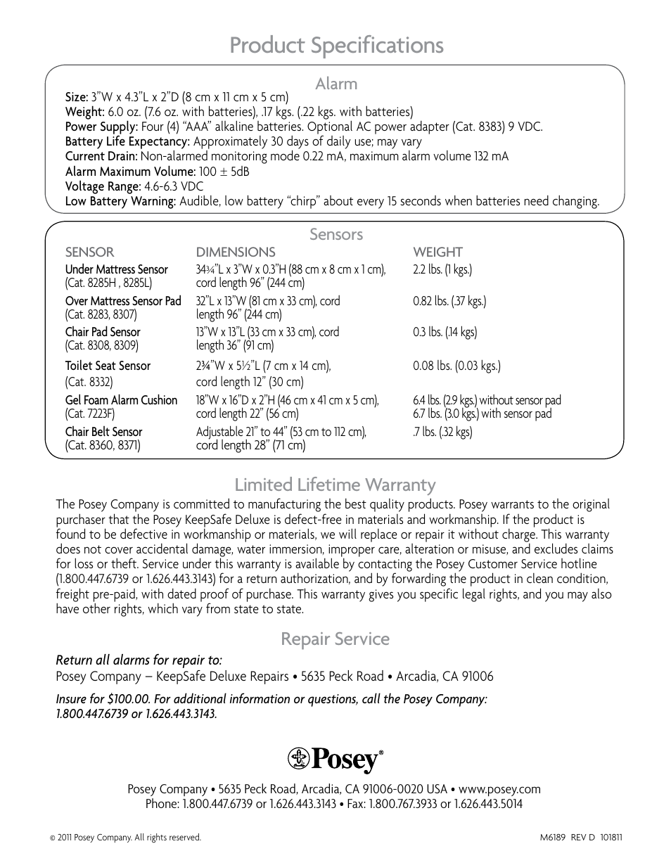Product specifications, Limited lifetime warranty, Repair service | Alarm, Sensors | Posey KeepSafe® Deluxe User Manual | Page 36 / 36