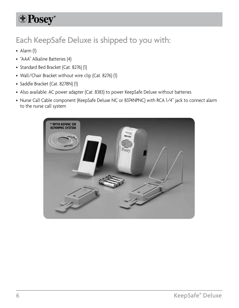 Each keepsafe deluxe is shipped to you with, 6keepsafe, Deluxe | Posey KeepSafe® Deluxe User Manual | Page 6 / 36