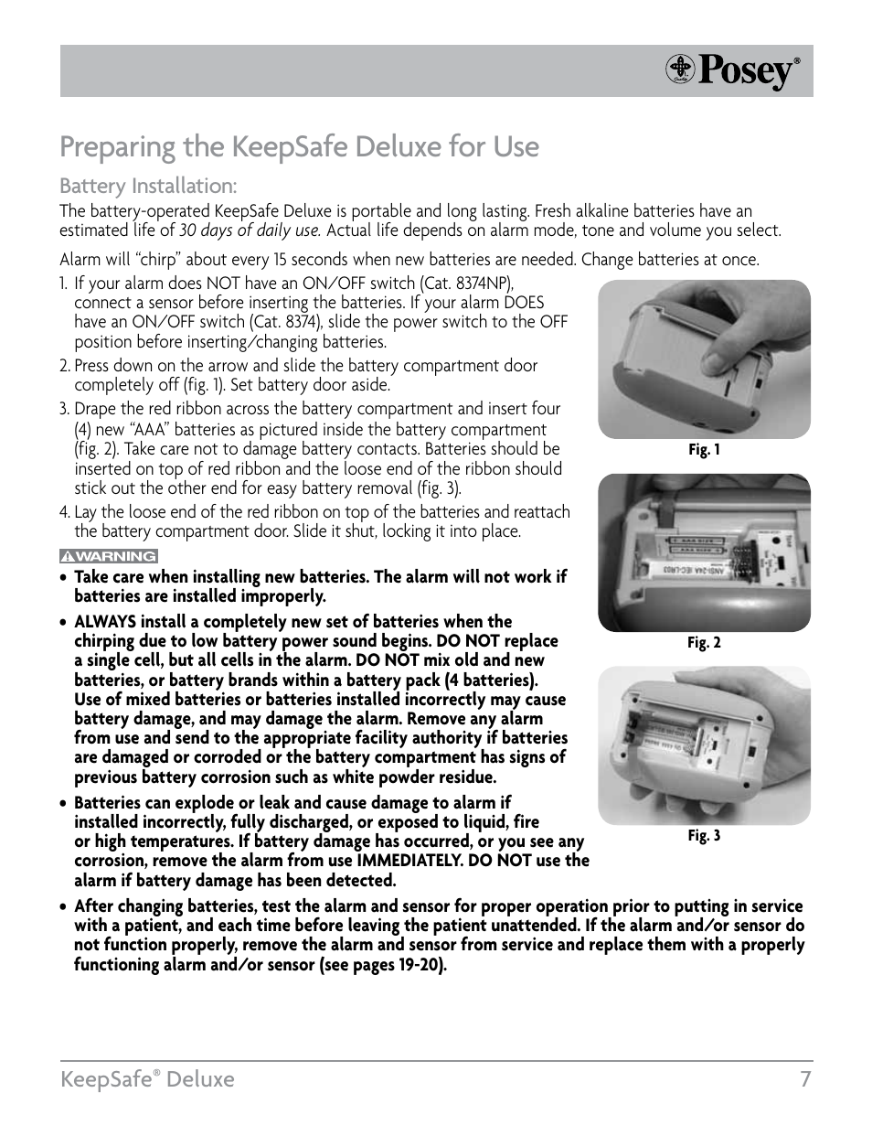 Preparing the keepsafe deluxe for use, Keepsafe, Deluxe 7 | Battery installation | Posey KeepSafe® Deluxe User Manual | Page 7 / 36