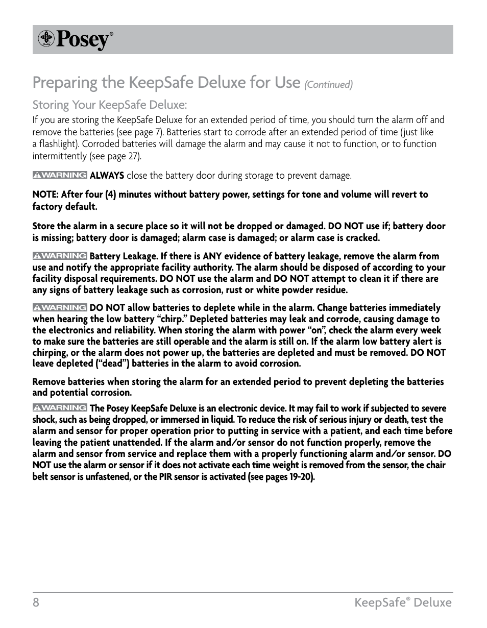 Preparing the keepsafe deluxe for use, 8keepsafe, Deluxe | Storing your keepsafe deluxe | Posey KeepSafe® Deluxe User Manual | Page 8 / 36