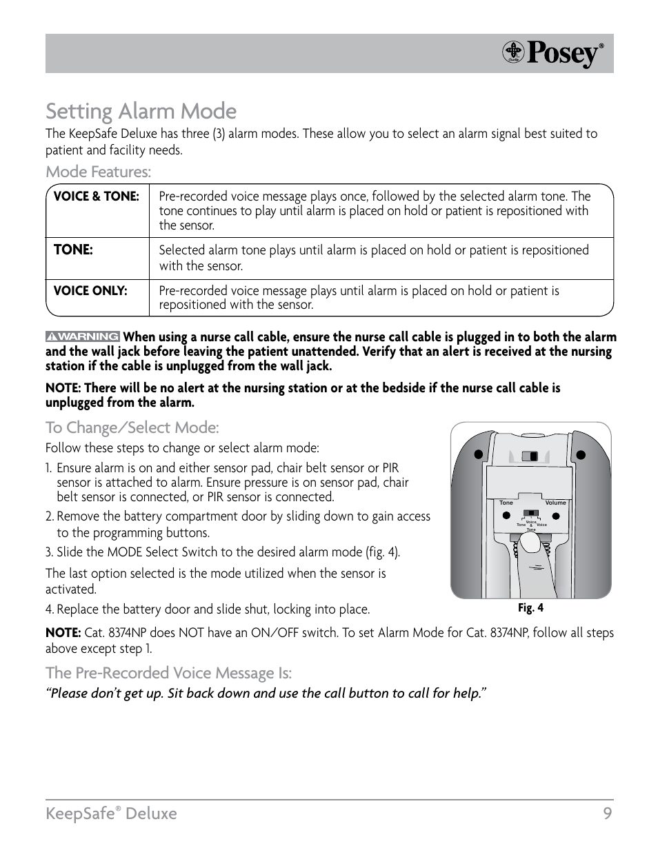 Setting alarm mode, Keepsafe, Deluxe 9 | The pre-recorded voice message is, Mode features, Tone | Posey KeepSafe® Deluxe User Manual | Page 9 / 36
