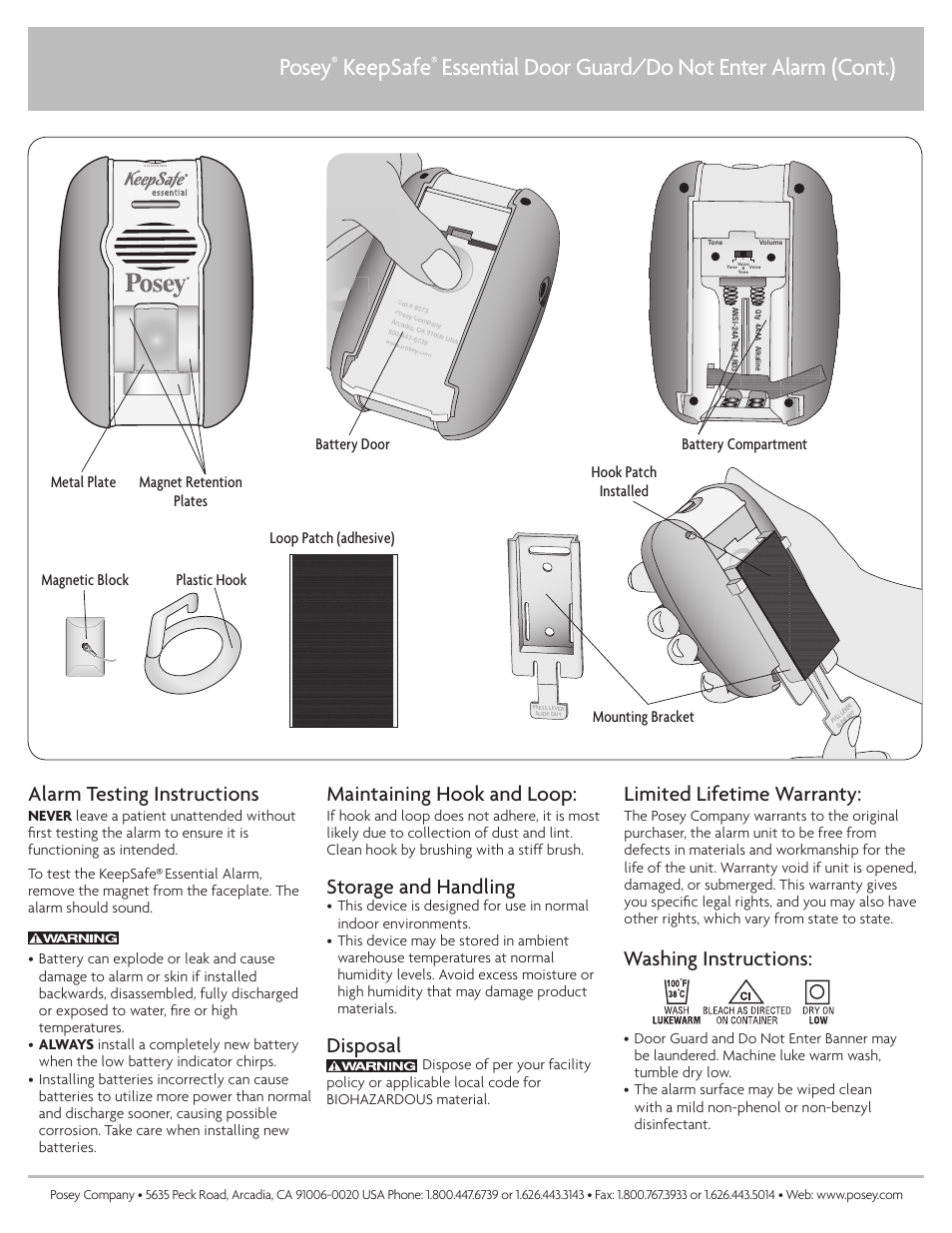 Posey, Keepsafe, Essential door guard/do not enter alarm | Cont.), Alarm testing instructions, Maintaining hook and loop, Storage and handling, Disposal, Limited lifetime warranty, Washing instructions | Posey KeepSafe Door Guard Alarm User Manual | Page 2 / 2