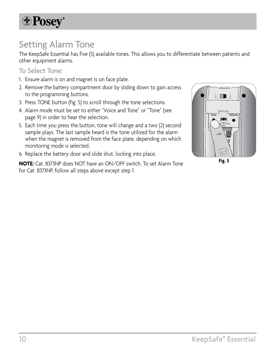 Setting alarm tone, 10 keepsafe, Essential | Fig. 5 | Posey KeepSafe® Essential User Manual | Page 10 / 24