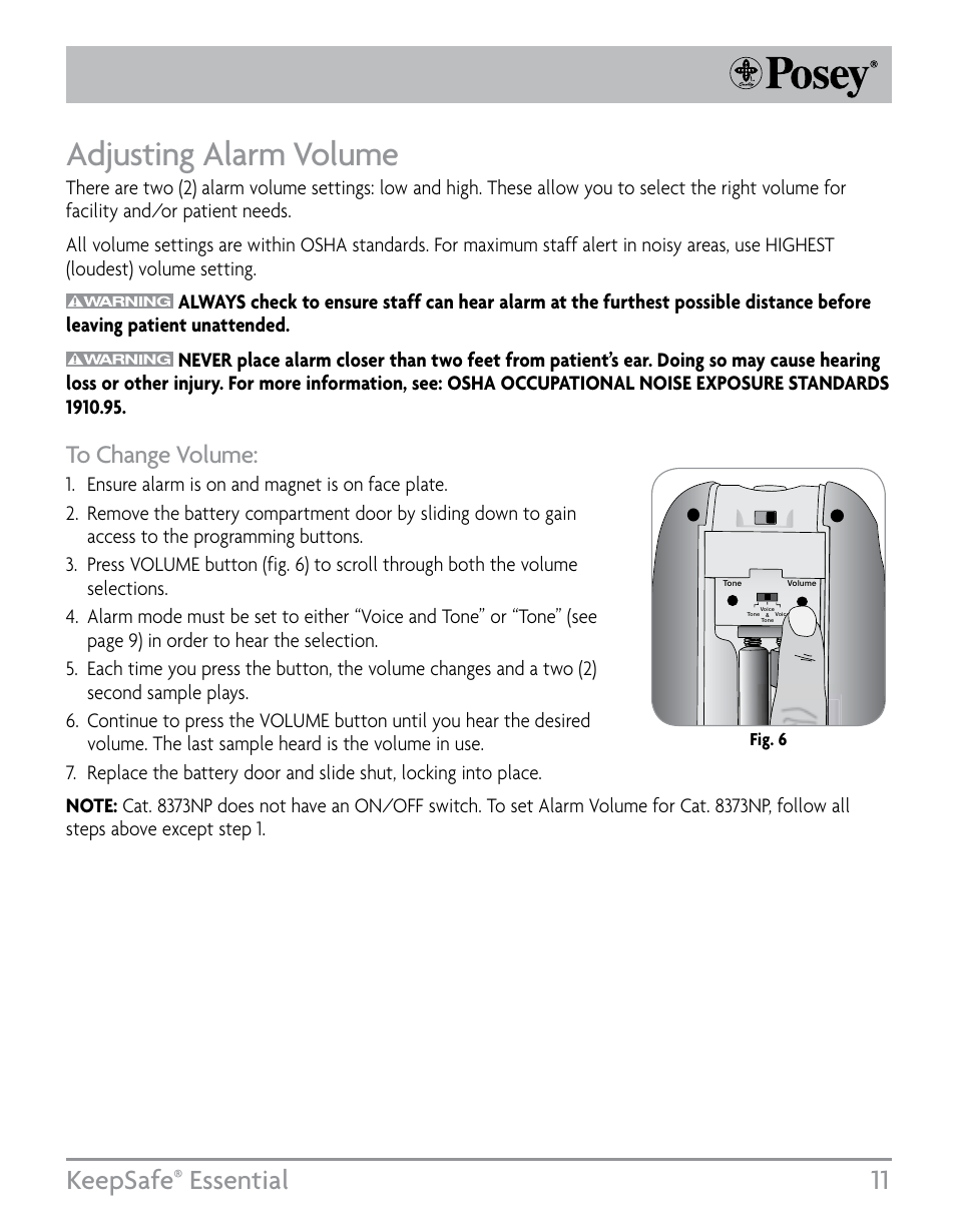 Adjusting alarm volume, Keepsafe, Essential 11 | Posey KeepSafe® Essential User Manual | Page 11 / 24