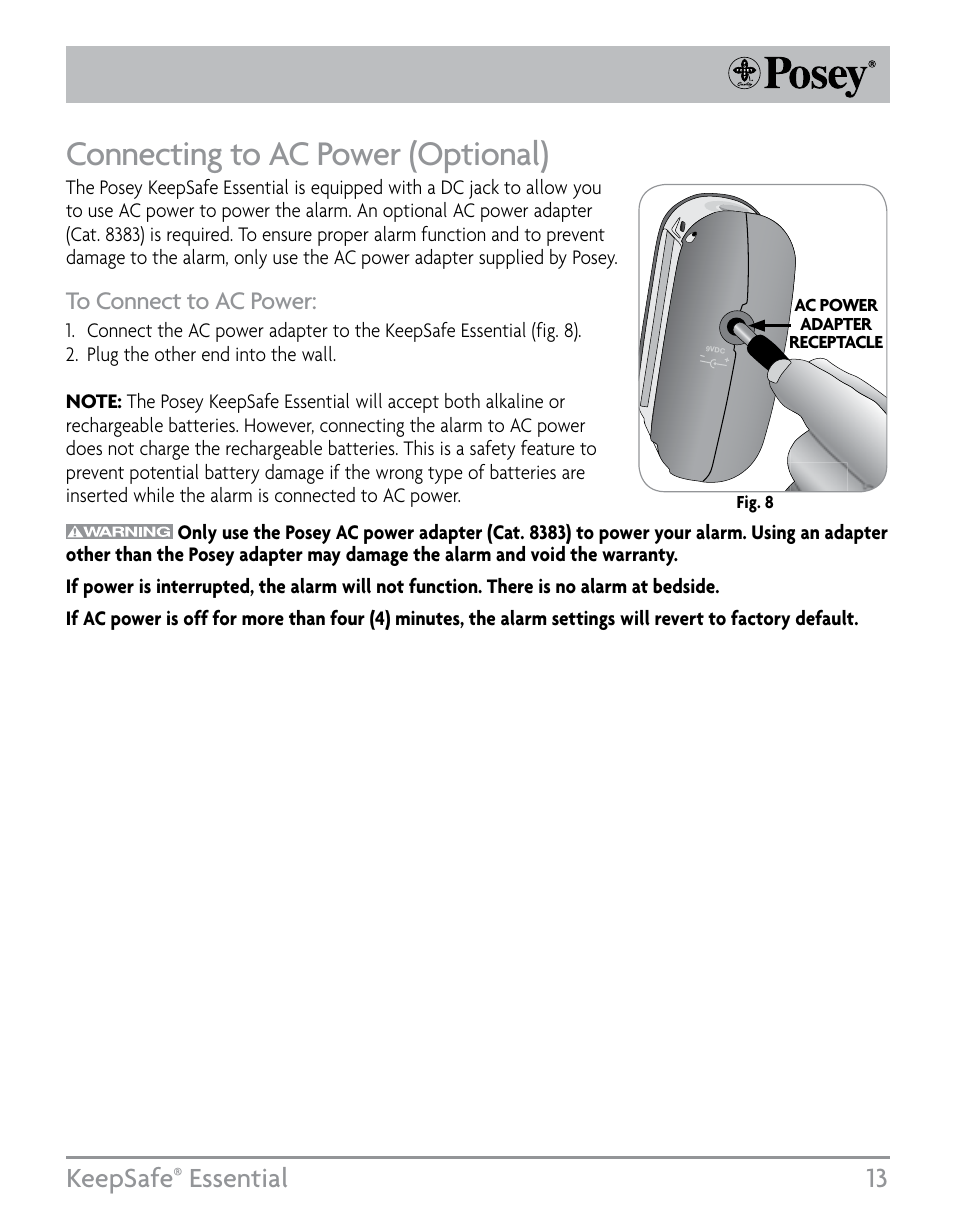 Connecting to ac power (optional), Keepsafe, Essential 13 | Posey KeepSafe® Essential User Manual | Page 13 / 24