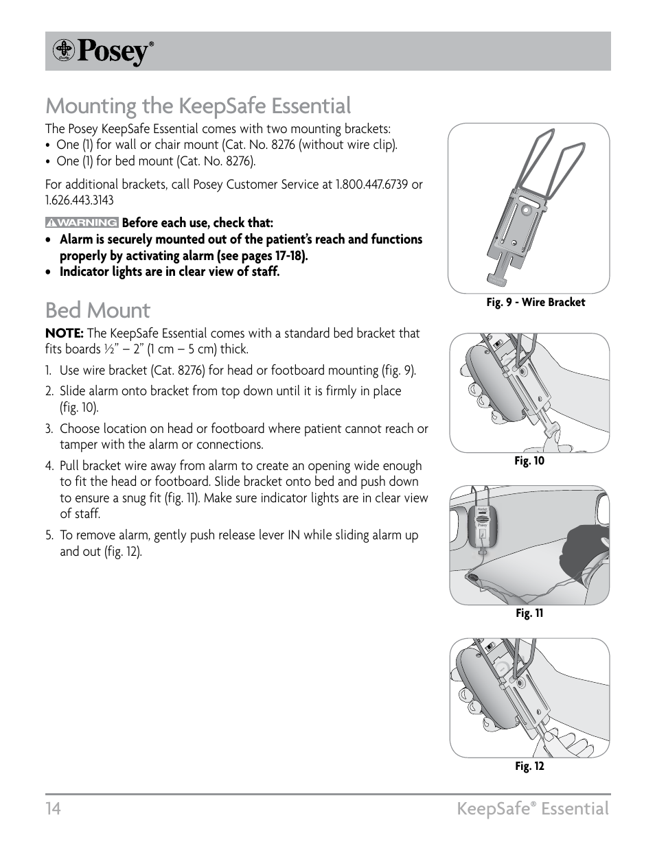 Mounting the keepsafe essential, Bed mount, 14 keepsafe | Essential | Posey KeepSafe® Essential User Manual | Page 14 / 24