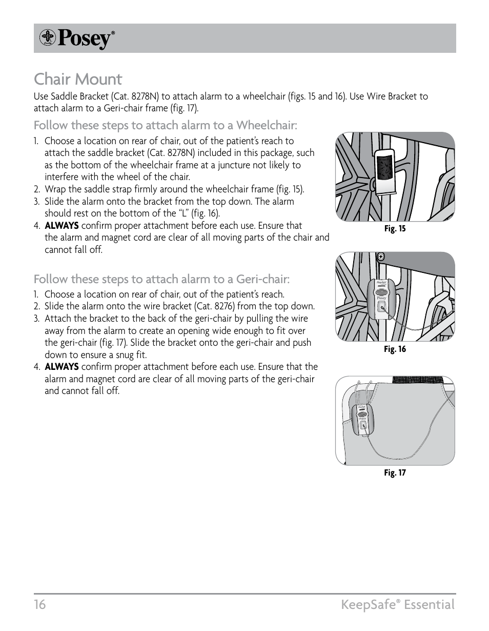 Chair mount, 16 keepsafe, Essential | Follow these steps to attach alarm to a wheelchair, Follow these steps to attach alarm to a geri-chair | Posey KeepSafe® Essential User Manual | Page 16 / 24