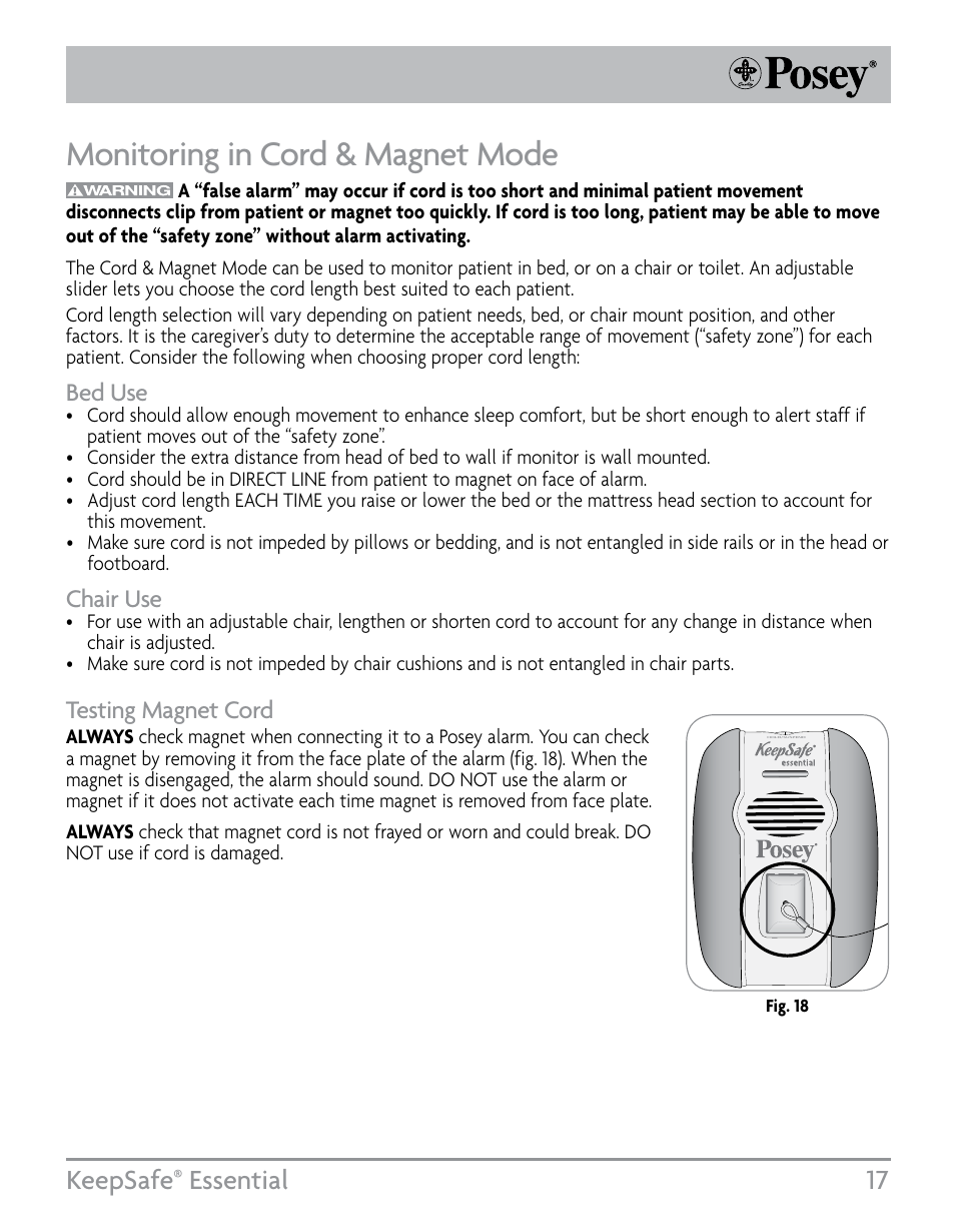 Monitoring in cord & magnet mode, Keepsafe, Essential 17 | Bed use, Chair use, Testing magnet cord | Posey KeepSafe® Essential User Manual | Page 17 / 24