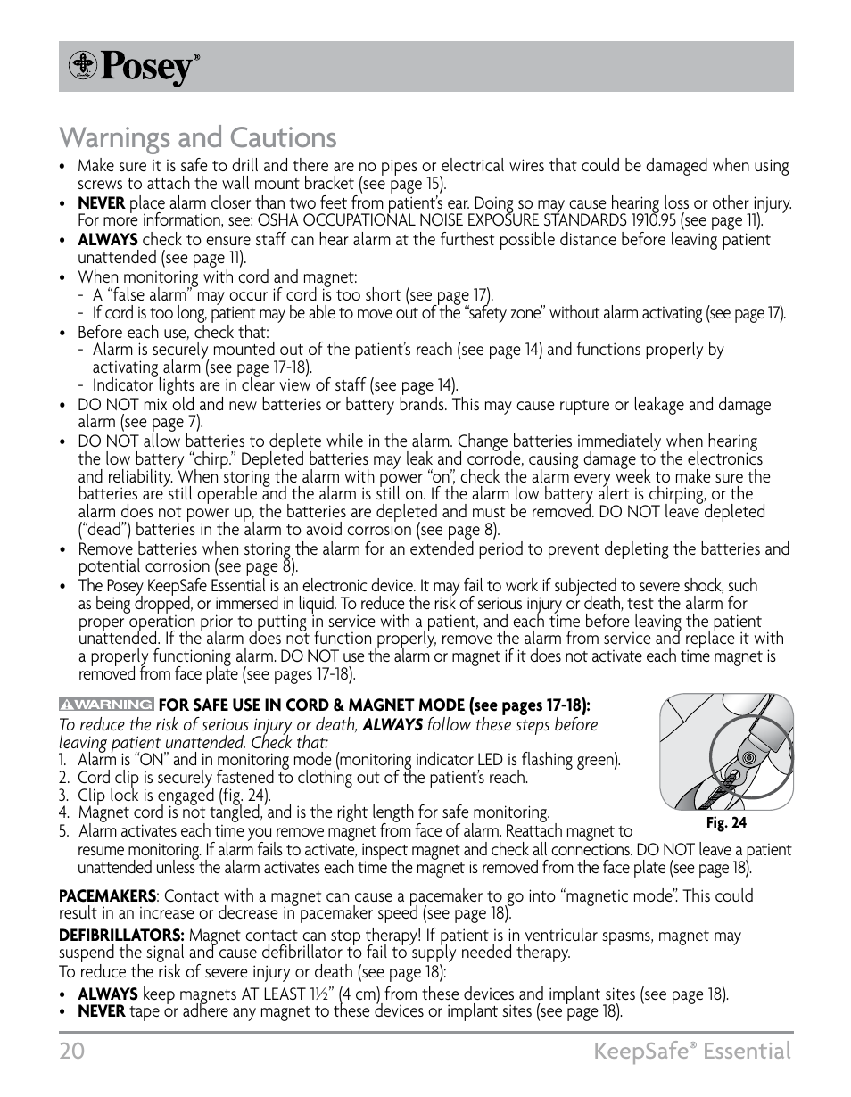 Warnings and cautions, 20 keepsafe, Essential | Posey KeepSafe® Essential User Manual | Page 20 / 24