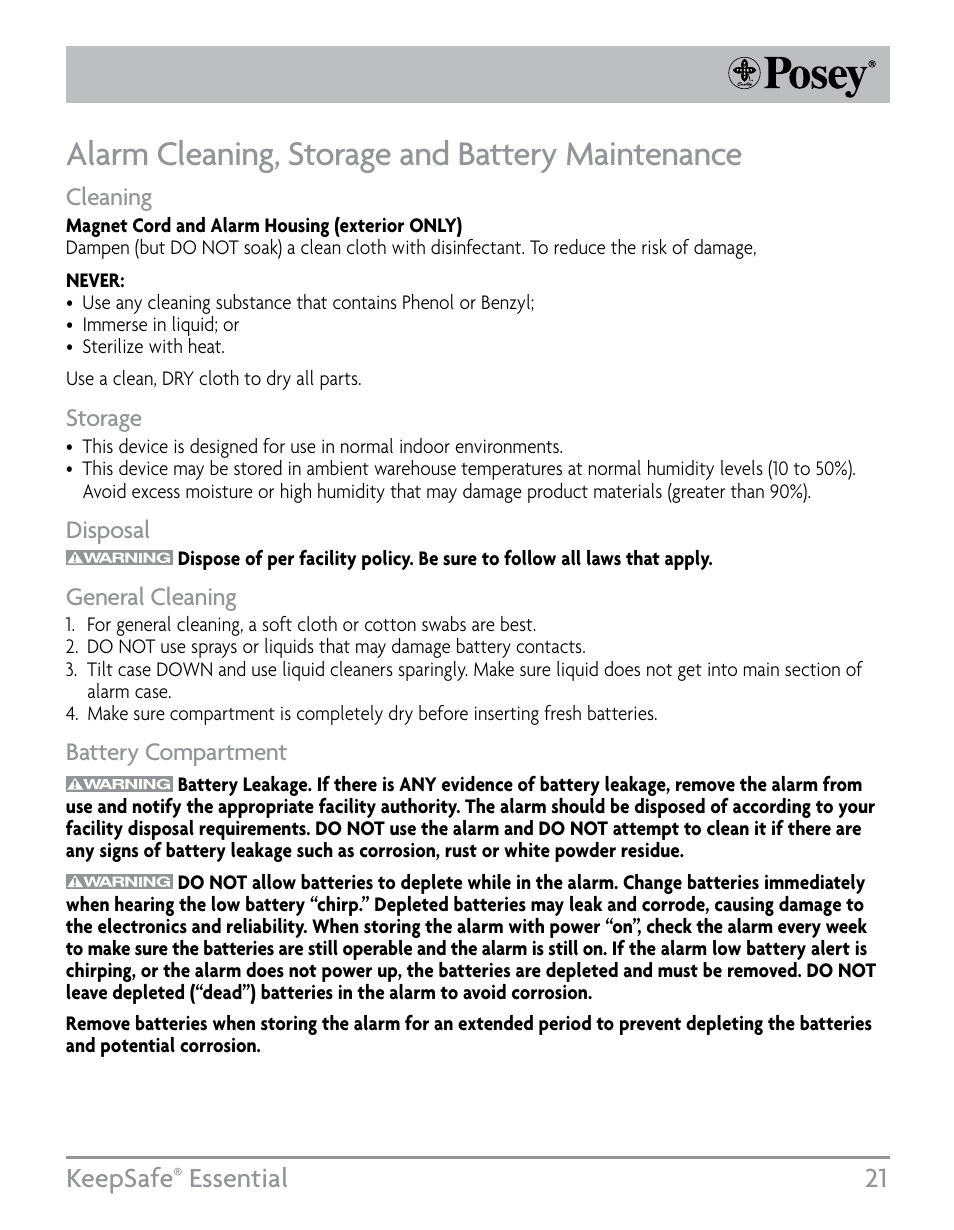 Alarm cleaning, storage and battery maintenance, Keepsafe, Essential 21 | Posey KeepSafe® Essential User Manual | Page 21 / 24