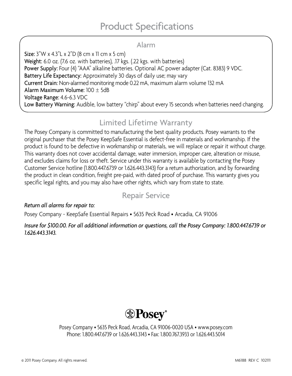 Product specifications, Limited lifetime warranty, Repair service | Posey KeepSafe® Essential User Manual | Page 24 / 24